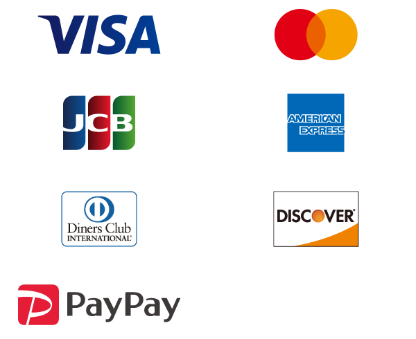 VISA、MASTER、JCB、アメリカンエキスプレス、ダイナーズ、ディスカバー、PayPayのキャッシュレス決済に対応